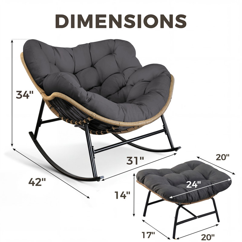 2-Person Outdoor Rocking Chair Set with Cushions and Ottomans, Gray