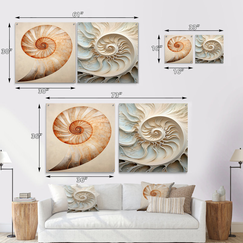 Cuivre cuivré spirales Nautilus I - Nautilus, ensemble de 2 peintures murales en acrylique, H 36 po x l 73 po