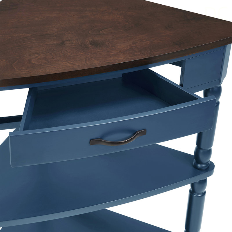 33.8'' Small Triangle Corner Table, Wood Corner Side Table For Small Spaces/ Living Room, 3 Tier End Corner Table With Solid Wood Legs, Navy Blue And Espresso Top