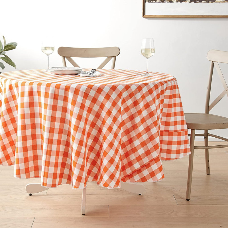 Joice Gingham Round Tablecloth, White and Black, 70" Round