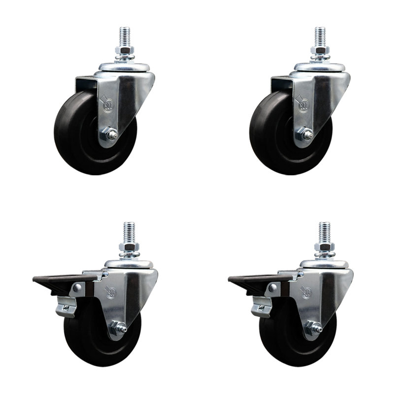 3.5 Inch_Hard Rubber ½ Inch Threaded Stem Caster Set 2 Brakes SCC