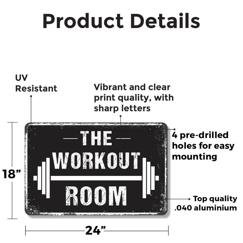 Enseigne de fantaisie en aluminium 18 po x 24 po Workout Room, H 18 po x l 24 po x P 0,1 po, Vert