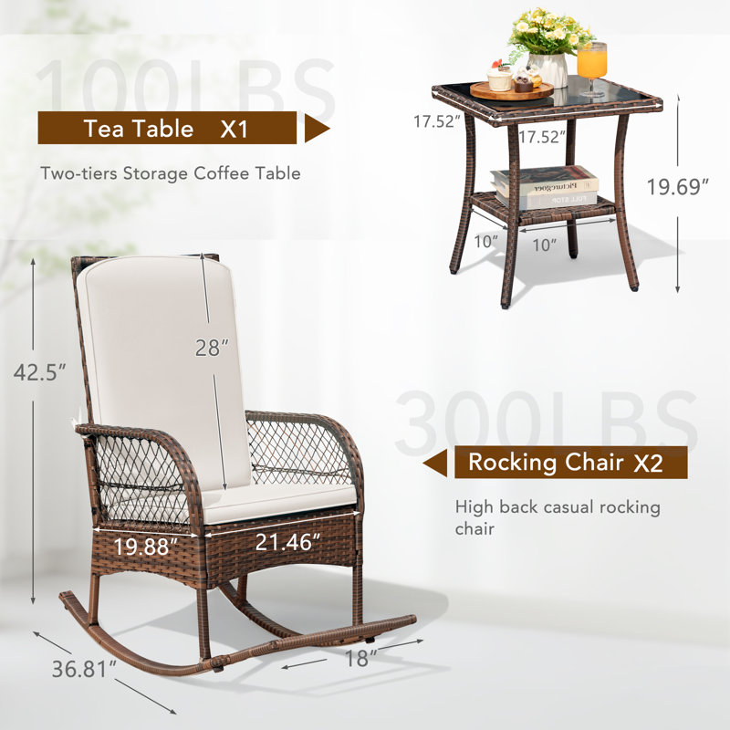 Patio Rocking Conversation Set for 2, PE Wicker Outdoor Rocking Chairs & Glass Table with Weather-Resistant Cushions, for Backyard Garden Deck Poolside Seating