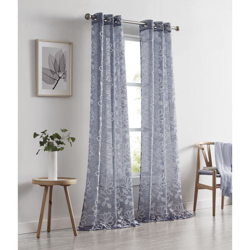 Carcassonne Floral Embroidered Sheer Curtain Panels, 38" W x 84" L, Blue