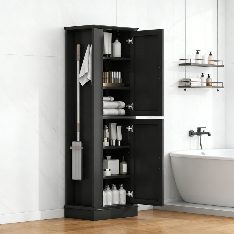 Tall Bathroom Storage Cabinet, Freestanding Storage Cabinet With Hook And Adjustable Shelf, MDF Board, Black