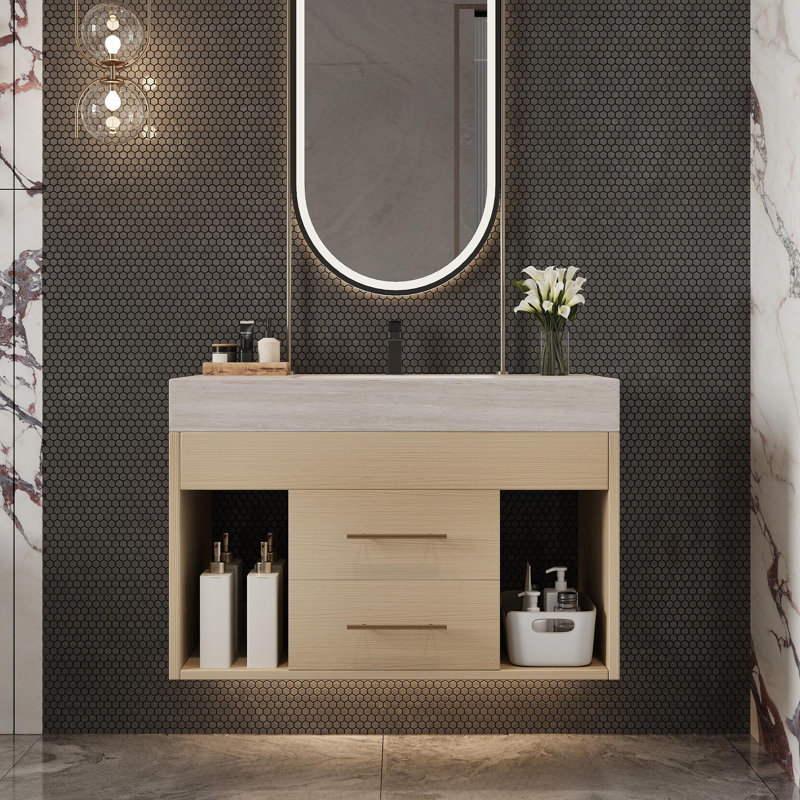 Meuble-lavabo flottant moderne avec lavabo encastré en céramique Modern, Noyer