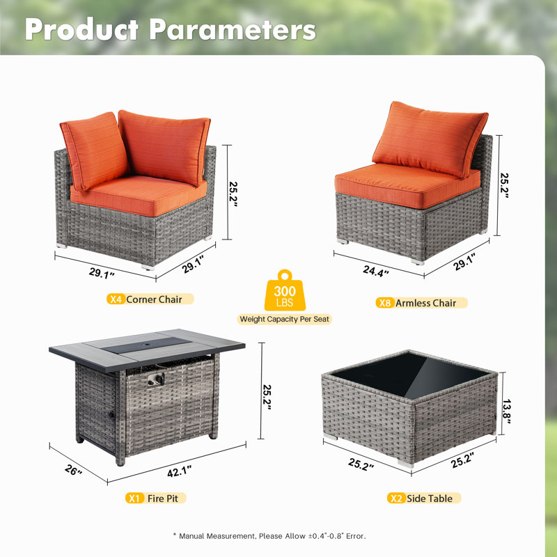 12-Person Outdoor Sectional With Cushions And Fire Pit,All-Weather Wicker Patio Set, Orange Red