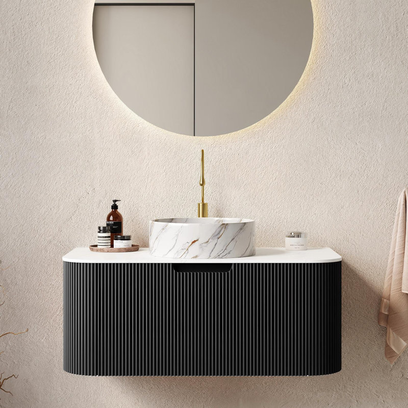 Ensemble de meuble-lavabo rayé mural en bois naturel 36 po Echoe, Noir