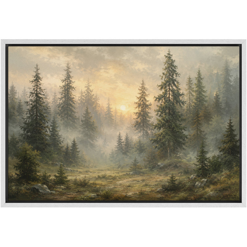 «Misty Evergreen Forest Sunrise», art de salon rustique, impression sur toile encadrée, H 16 po x l 24 po x P 1,5 po