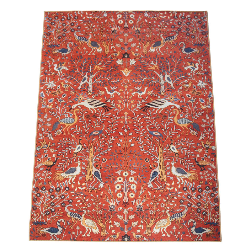 Modern Burnt-Orange Bird Design Machine Washable Rug with Built-in Padding & Non-Slip Backing, Square 8'
