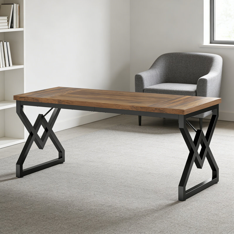 Rectangular Writing Desk With Wood Brown Engineered Wood Top And Black Metal Base For Bedroom Office