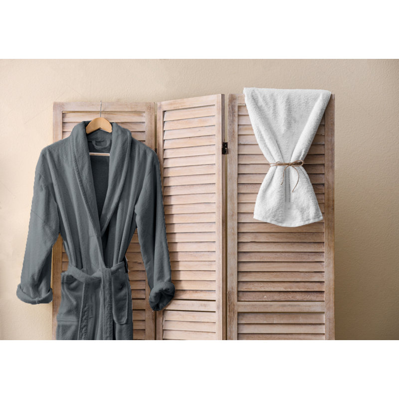 Cotton Terry Cloth Above Knee Bathrobe with Pockets, Grey