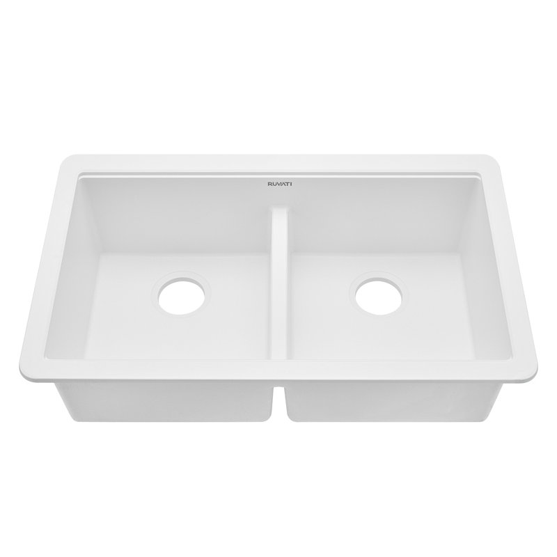 Ruvati 32-inch Undermount Workstation Granite Composite Quartz Kitchen Sink 50/50 Double Bowl, Arctic White