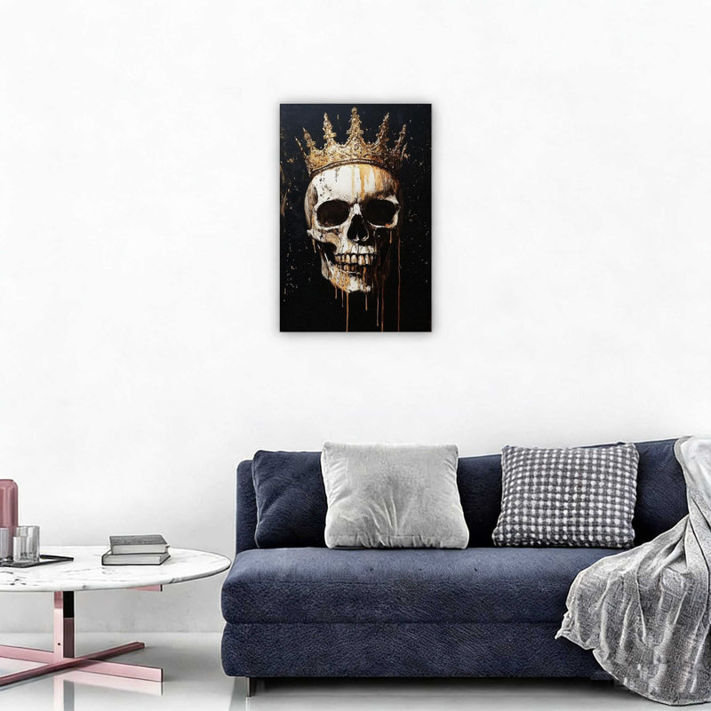 Art rétro sur toile, tête de mort noire et couronne en or 18 x 12 po
