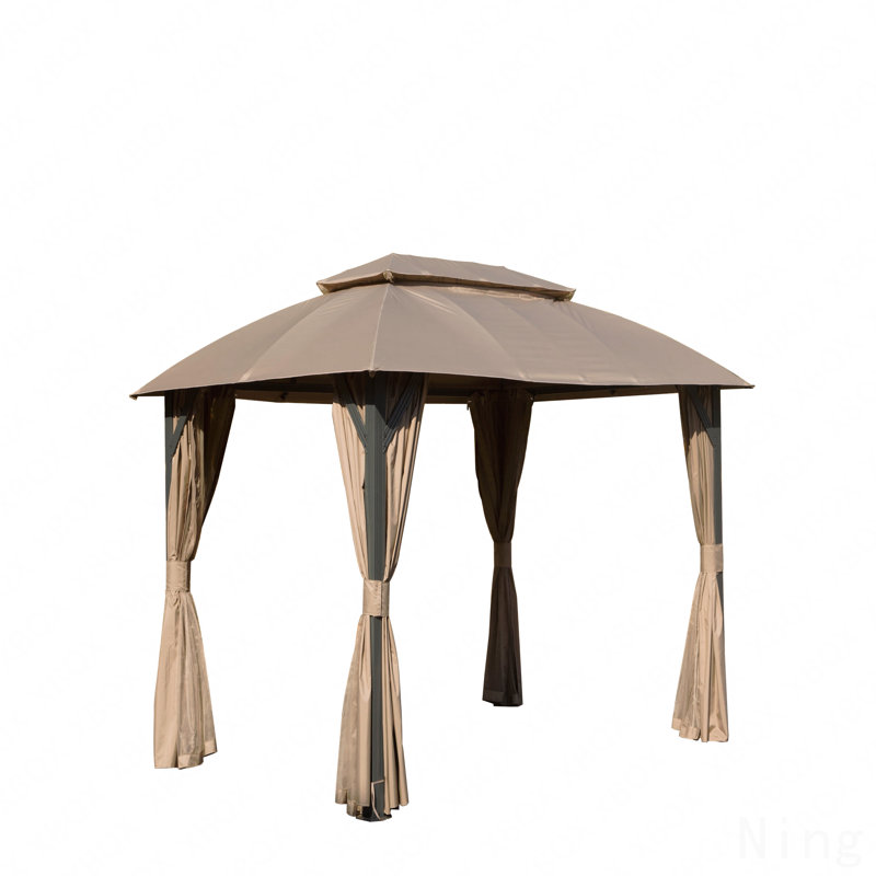 10X14FT Gazebo Metal, Mosquito Net For Outdoor Use With Double Roof (Brown), Brown, 105.6" H x 168" W x 120" D