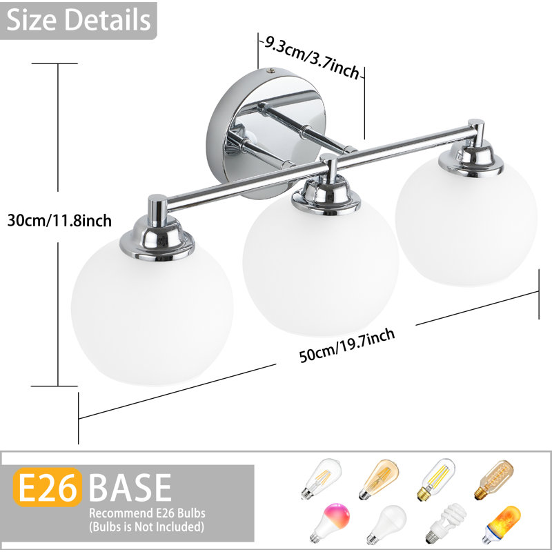 Éclairage de salle de bain à 3 lumières à intensité variable, Chrome chrome, Blanc