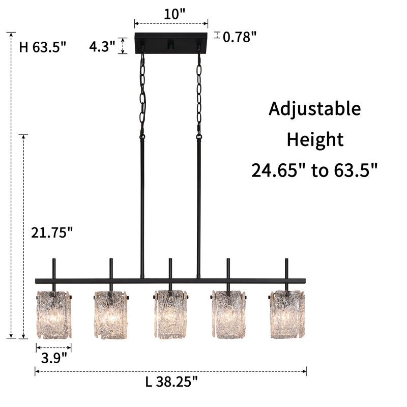 Luminaire suspendu linéaire en verre pour îlot de cuisine à 5 lumières Harlune, Noir mat, H 63,5 po x l 38,25 po x P 3,9 po