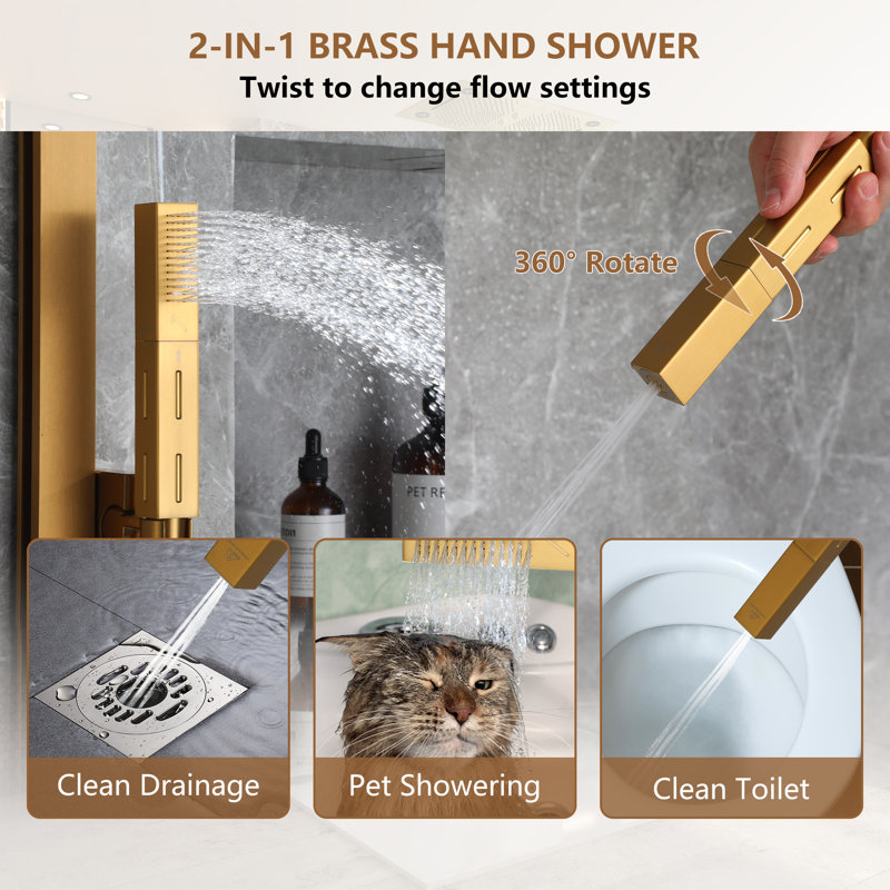 Brushed Gold Dual Rainfall and Handheld LED Shower System