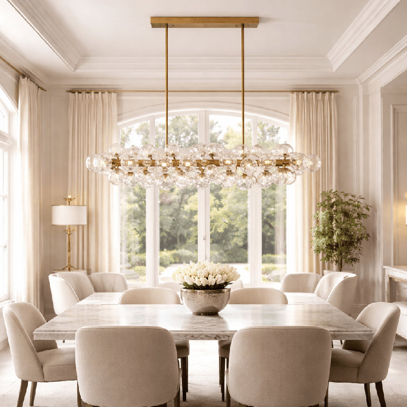 Orbit 29-Globe Aged Brass Linear Chandelier
