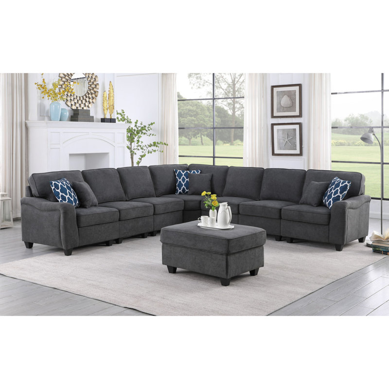 Canapé moderne modulaire en L avec repose-pieds 7 pièces Leo, H 35,05 po x l 125,05 po x P 125,05 po, Tissu gris foncé