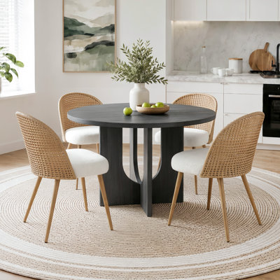 Ensemble de salle à manger rond 5 pièces avec table à pied centrale en bois et chaises rembourrées en rotin