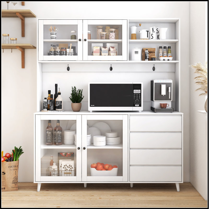 Armoire de cuisine autoportante spacieuse avec 4 portes, 4 tiroirs et une tablette à micro-ondes pour un rangement spacieux et une conception moderne