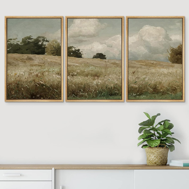 Rustic Clouds Meadow Landscape Vintage Wood Nursery Decor Framed Canvas 3 Pieces Print Wall Art, 24" H x 16" W, Natural