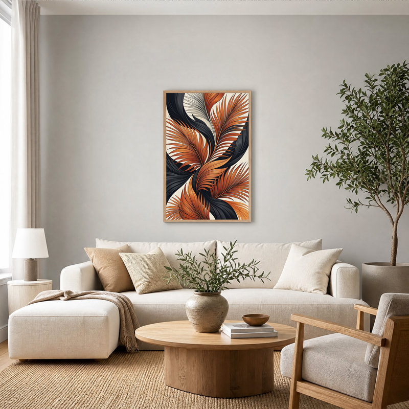 Toile murale représentant des palmes tourbillonnantes orange brûlé et noires, 36"H x 24"W