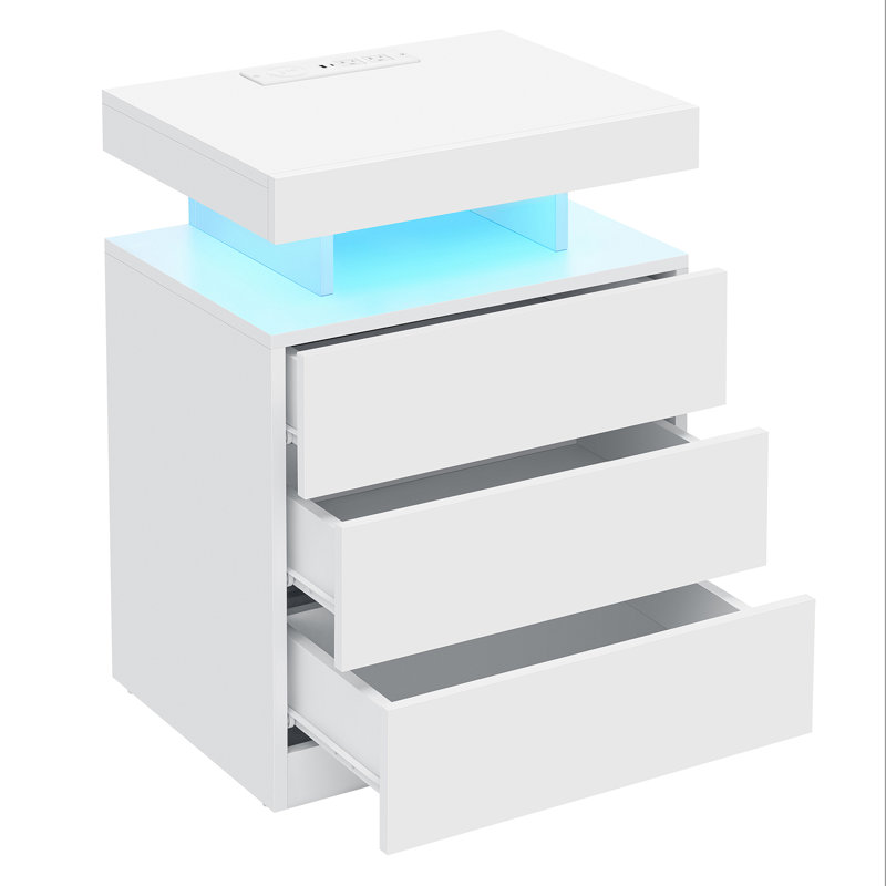 Table de chevet moderne avec bande lumineuse à DEL, station de charge sans fil et 3 tiroirs, Blanc