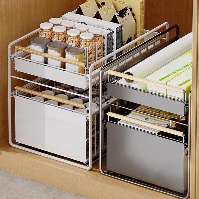 2-Tier Stainless Steel Pull Out Cabinet Organizer,Heavy Duty Chrome Plated Wire Basket With Shelf Liner for Kitchen Cabinets Pantry Storage Under Sink,40 x 28 x 39cm