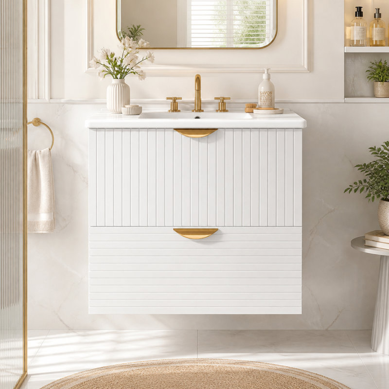 Meuble-lavabo mural moderne de 24 pouces avec 2 tiroirs - idéal pour les petites salles de bain, Blanc