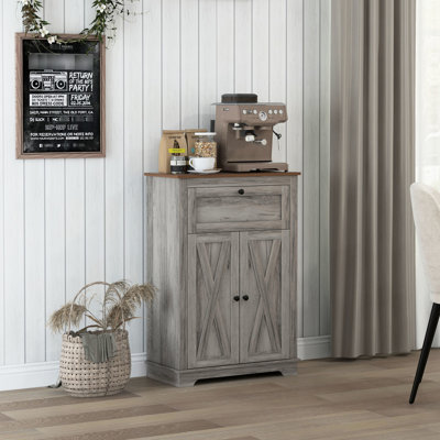 Living Room Cabinet In Grey - Barn Door Accent With Drawer & Adjustable Shelf Sideboard. Double Doors, Shelf. For Bedroom And Room. Ample Storage Capacity. Tipping. Particleboard Construction. 23.5"W