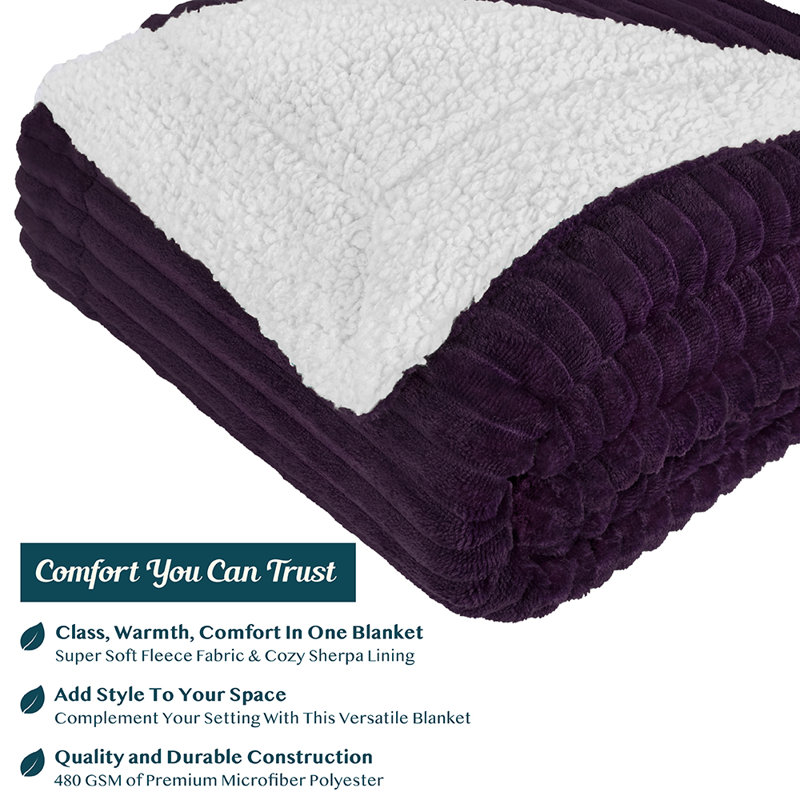 Purple Reversible Sherpa Fleece Throw Blanket
