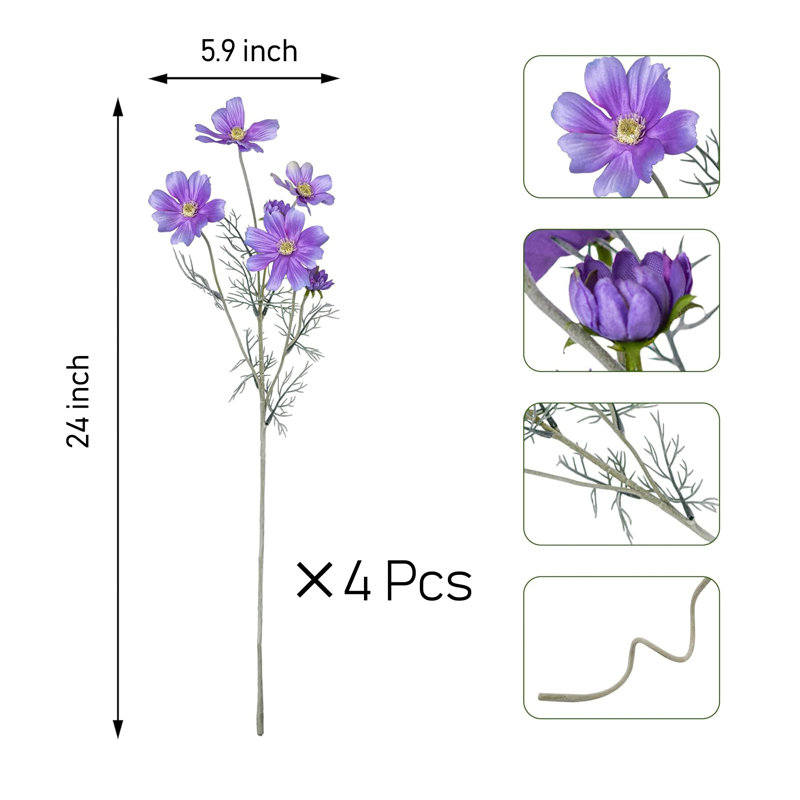 Faux fleurs artificielles en soie Audet, ensemble de 4 po, Mauve, H 24 po x l 5,9 po x P 5,9 po