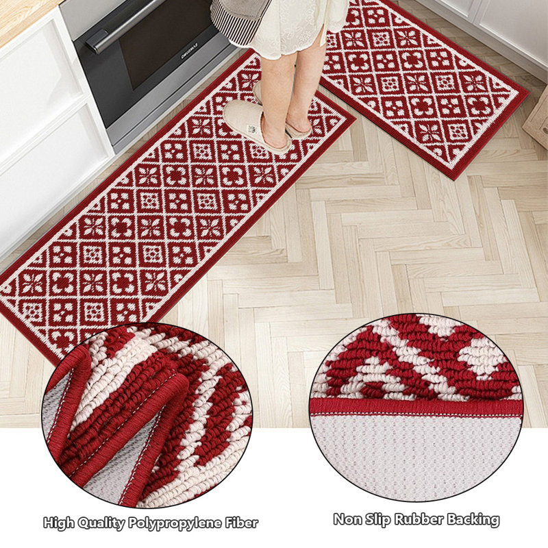 Tapis de cuisine, envers en caoutchouc antidérapant, lavable à la machine, ensemble de 3 pièces, Rouge