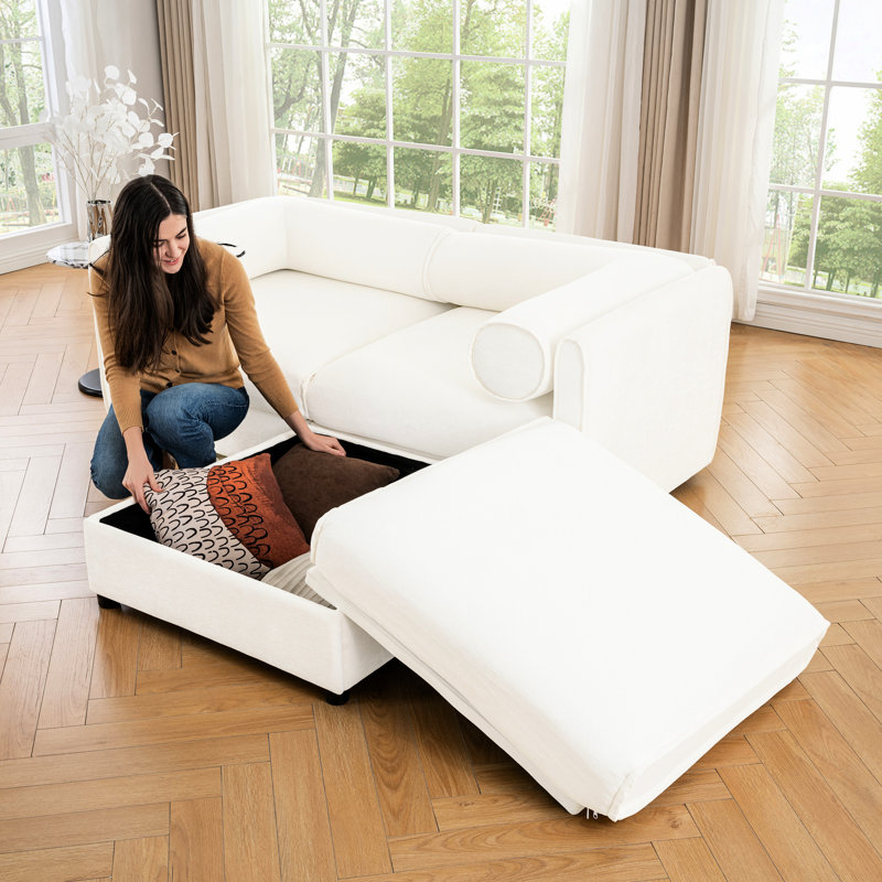 Modern White Chenille With 2 Seats And Storage, Cylindrical , Soft Fabric, Elegant Living Room Addition Fabric 2 White, Functional Seating