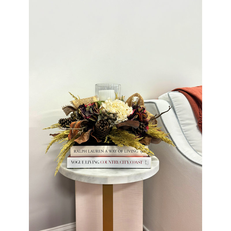 Fall Candleholder Centerpiece with Hydrangeas, Astilbe, and Pinecones, Cream/Brown/Burgundy