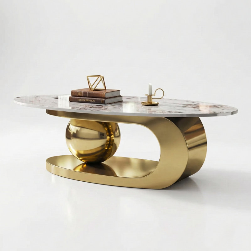 Table basse ovale luxueuse 51 "avec base dorée et plateau en pierre frittée, Light Grey/White, Gold