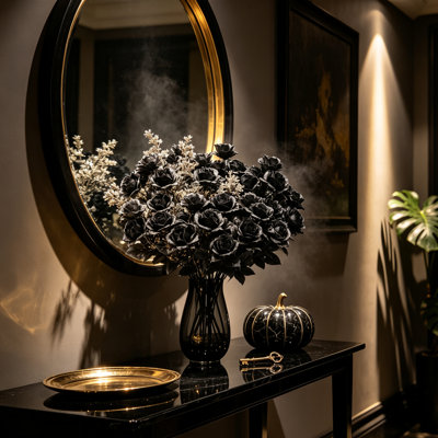 Paquet de 8 bouquets de roses artificielles noires scintillantes gothiques, fausses roses en soie artificielle à 5 têtes avec tiges de fil pliables, décor floral d'Halloween, centres de bricolage pour la maison, le bureau, les fêtes à thème et les décorations de mariage gothique