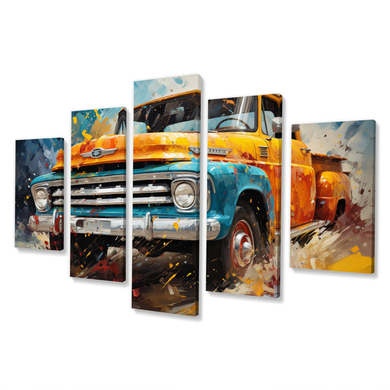 «Yellow Pickup Truck Abstract Expressionism - Transport», reproduction d'art sur toile - 5 panneaux