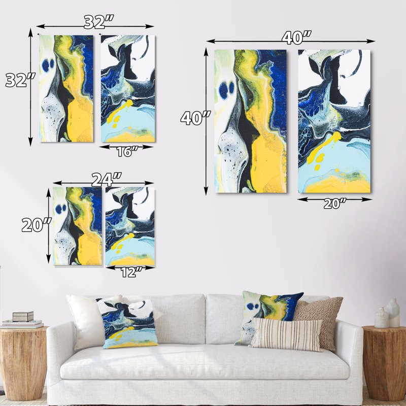 Art de marbre bleu foncé et jaune VI - ensemble de 2 peintures sur toile, H 20 po x l 24 po x P 1 po, Toile tendue
