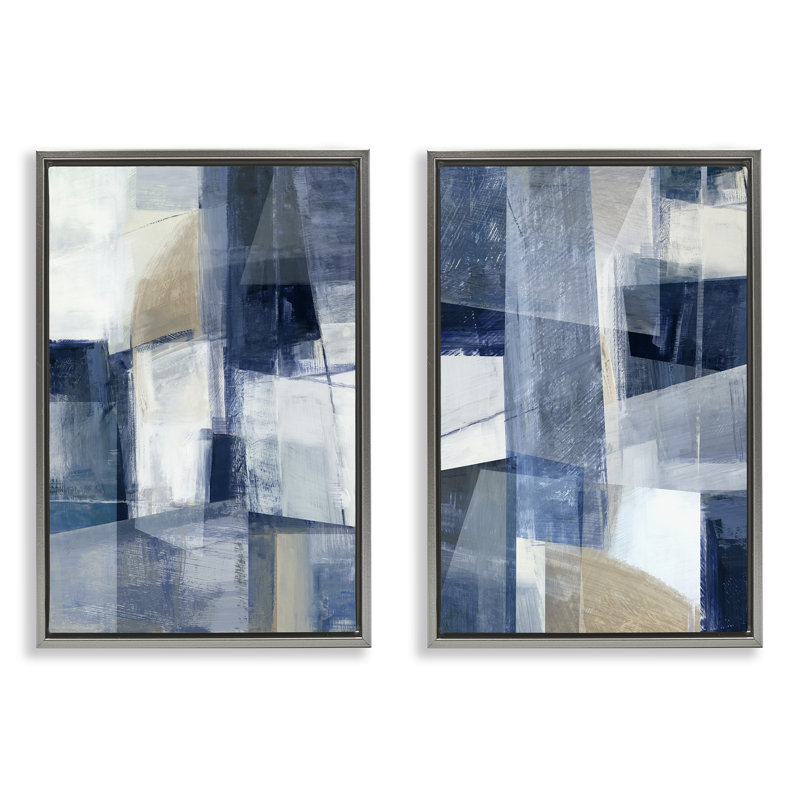  «Blue & Neutral Geometrics», ensemble de 2 toiles flottantes encadrées par Hannah Dawson, Cadre flottant gris lustré