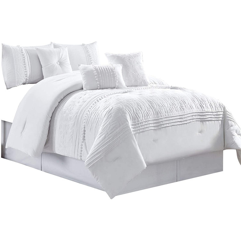 Modern & Contemporary Polyester Floral Comforter, Queen Comforter + 6 Additional Pieces, White
