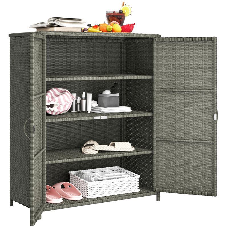 Wicker Outdoor Storage Cabinet with Shelves, 4-Shelf Outdoor Pool Towel Storage Cabinet with Two Doors, Rattan Outdoor Storage Shelves for Garden, Backyard, Porch
