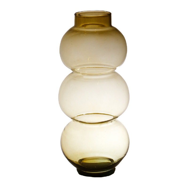Vase rond à col bas en verre recyclé soufflé à la bouche, ambré, trio, diamètre 16 cm, Brun