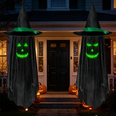 2 Pack Halloween Hanging Decorations Outdoor, Hanging Spooky Ghost with Glowing Face in the Dark, Cute Hanging Decor for Kids' Outdoor Garden, Tree, Porch, Lawn (Set of 2)