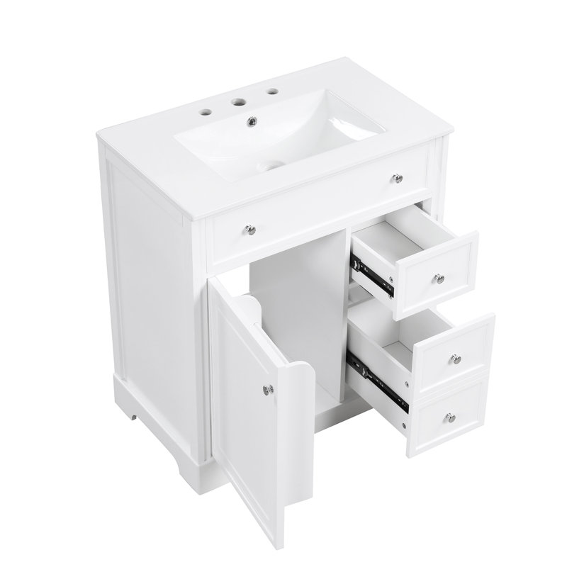 Meuble-lavabo simple 30 po avec plateau en céramique Mamertas, meuble-lavabo avec une porte et deux tiroirs
