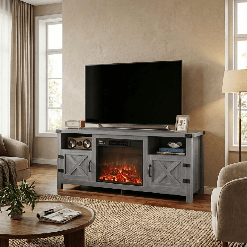 58" W Farmhouse TV Stand Fireplace, Gray