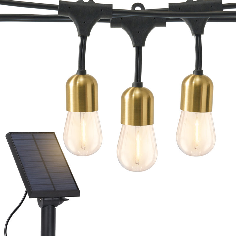 Solar Powered Brass LED Outdoor String Lights with Clear Bulbs