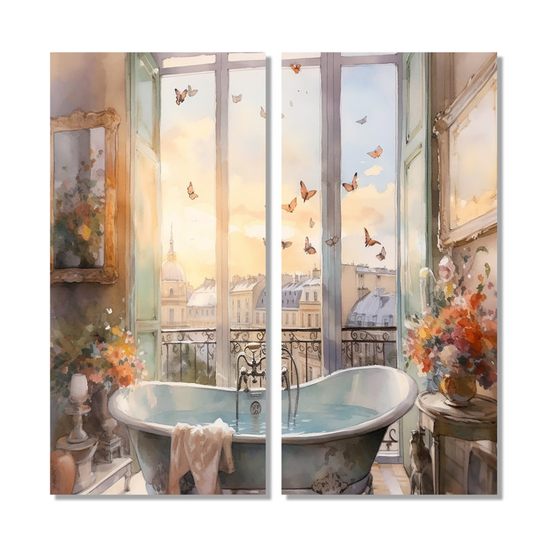 «Bathroom Whispering Butterflies I», art mural moderne doré, H 36 po x l 48 po, Toile tendue, Ne s’applique pas